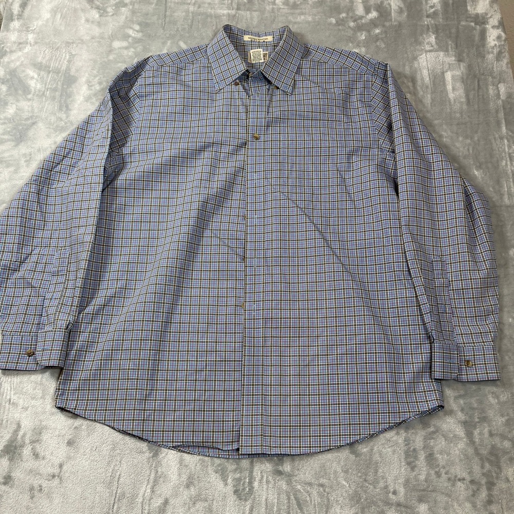 LL‎ Bean Mens Button Down Shirt Large Blue Plaid Wrinkle Resistant Cotton